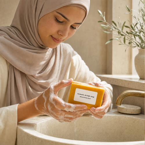 Tayyib Halal Brightening Soap (Turmeric + Kojic) in use