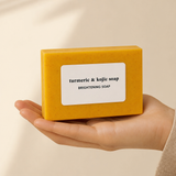 Tayyib Halal Brightening Soap (Turmeric + Kojic) size in hand