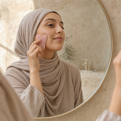 Tayyib Rose Quartz Gua Sha in use