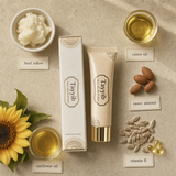 Tayyib Halal Tallow Lip Balm with its five ingredients — beef tallow, castor, sunflower, sweet almond, vitamin E