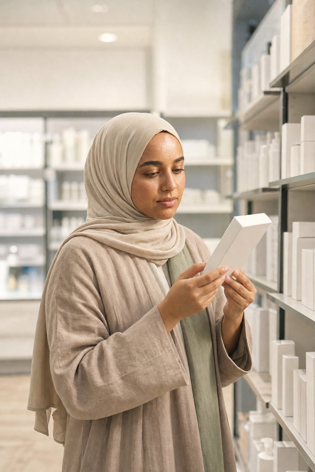 Aaliyah reading a label in a pharmacy aisle