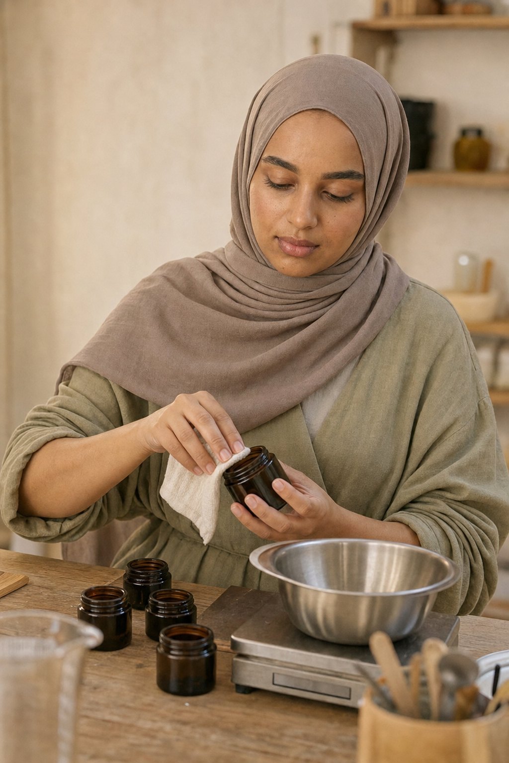 Aaliyah filling jars at a workbench
