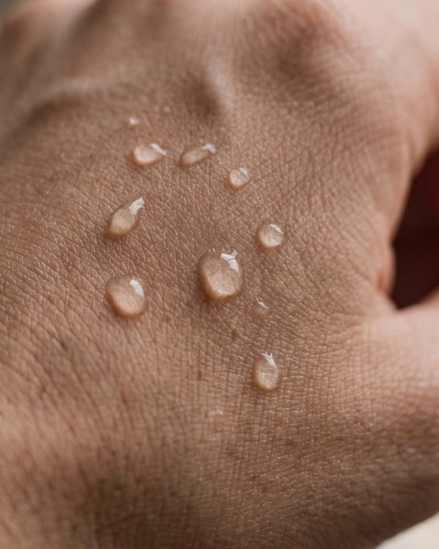 Water beads sitting unabsorbed on the back of a dry hand