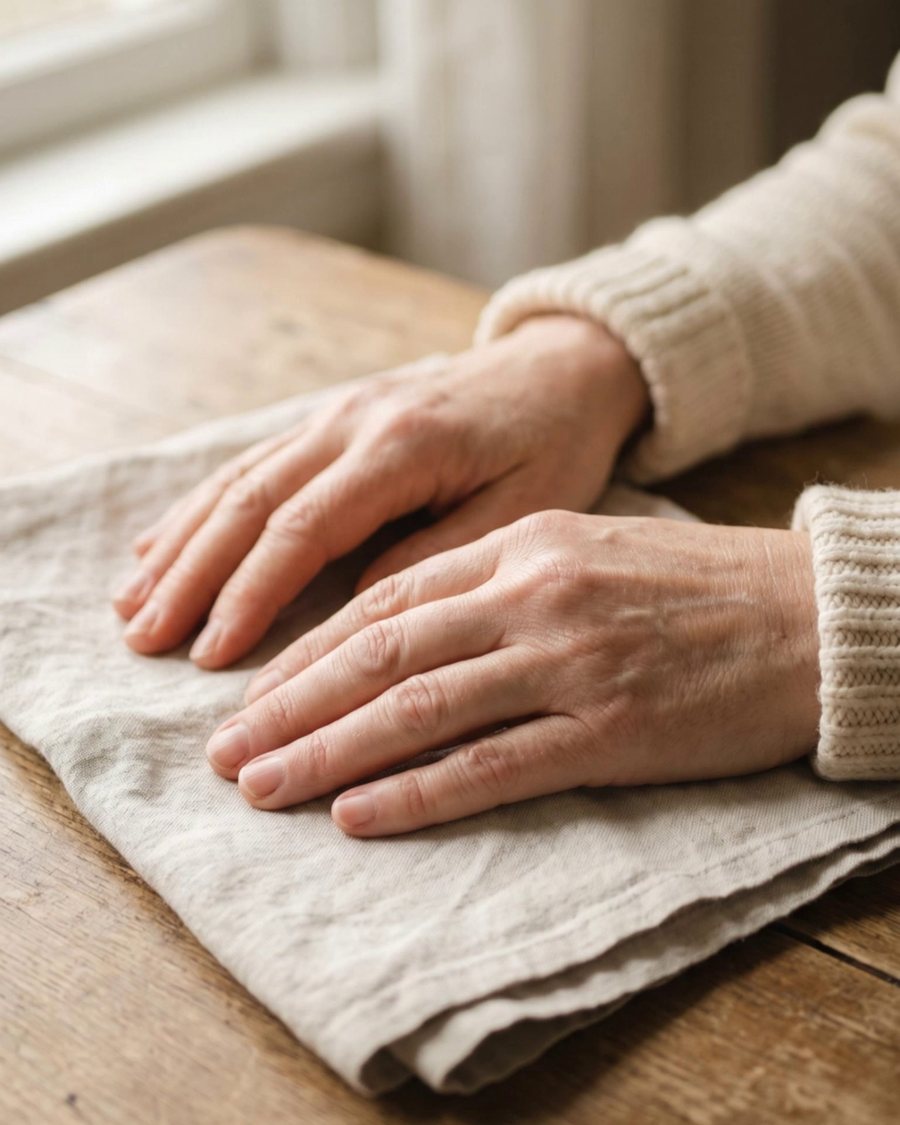 Calm hands resting on a linen towel in warm light