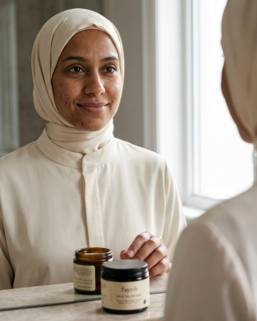 A woman in a cream hijab looking at her reflection, the Tayyib balm jar on the vanity beside her