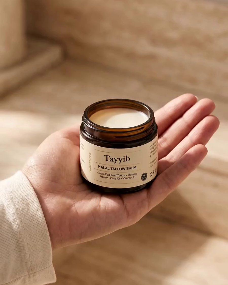 The 60g Tayyib Halal Tallow Balm jar held in an open palm