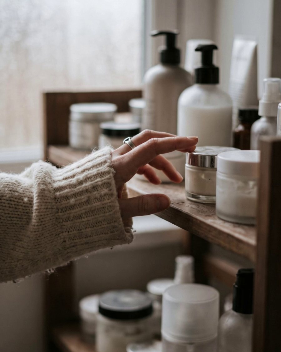 A hand reaching across a shelf crowded with half-used creams and pump bottles