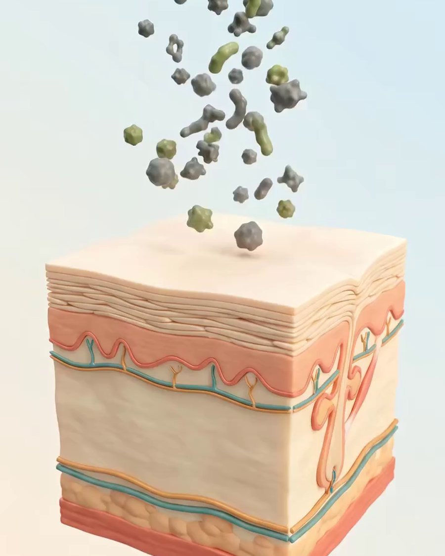 Clinical 3D model of skin with a swarm of foreign synthetic molecules arriving at the surface