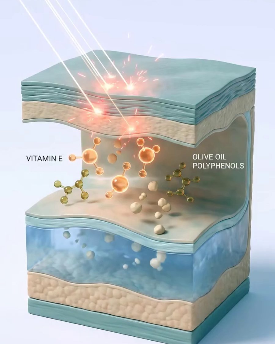 Clinical model of vitamin E and olive oil polyphenols protecting skin from UV stress