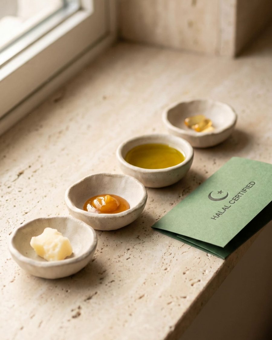 Four small dishes holding tallow, manuka honey, olive oil and a vitamin E capsule, beside a halal certification card