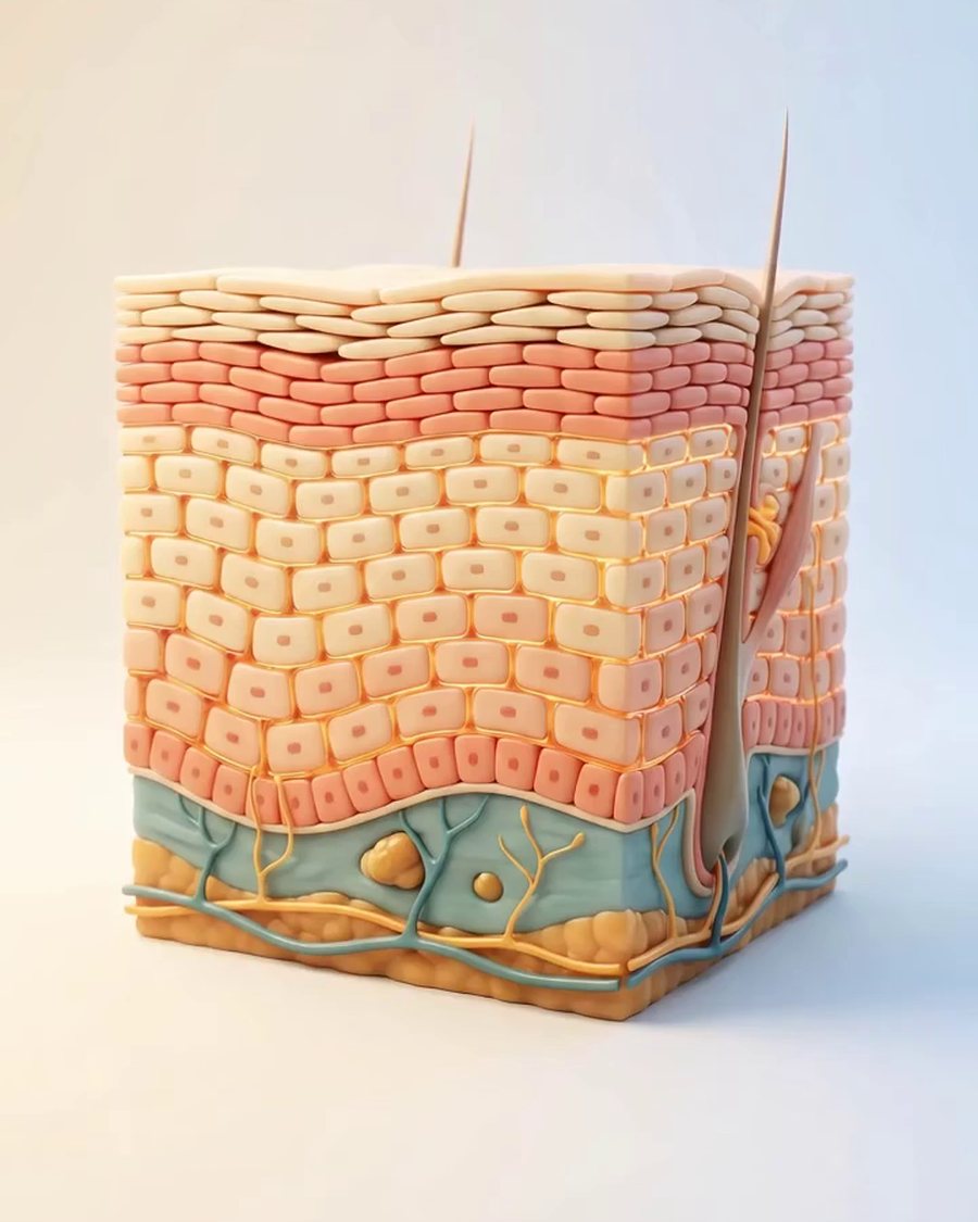Clinical 3D cross-section of skin showing the brick-and-mortar structure of the barrier
