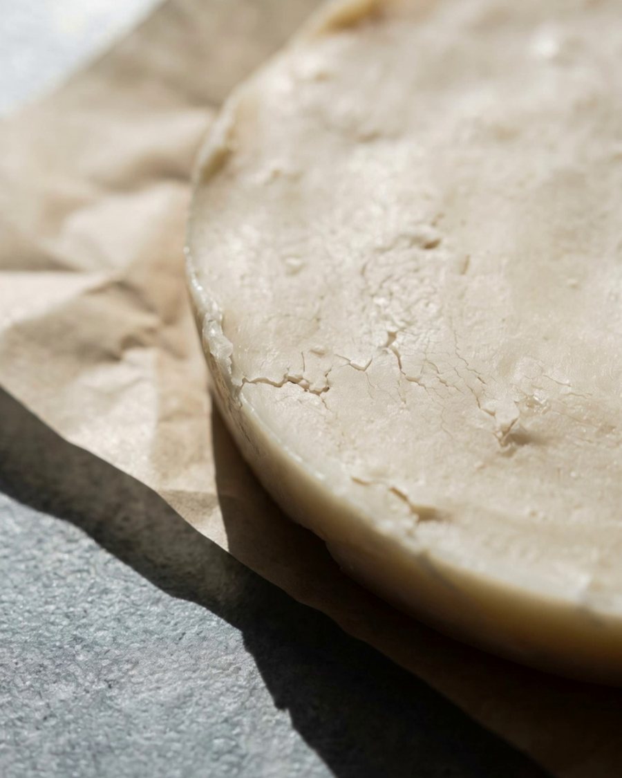 A pale disc of pure rendered grass-fed tallow on parchment