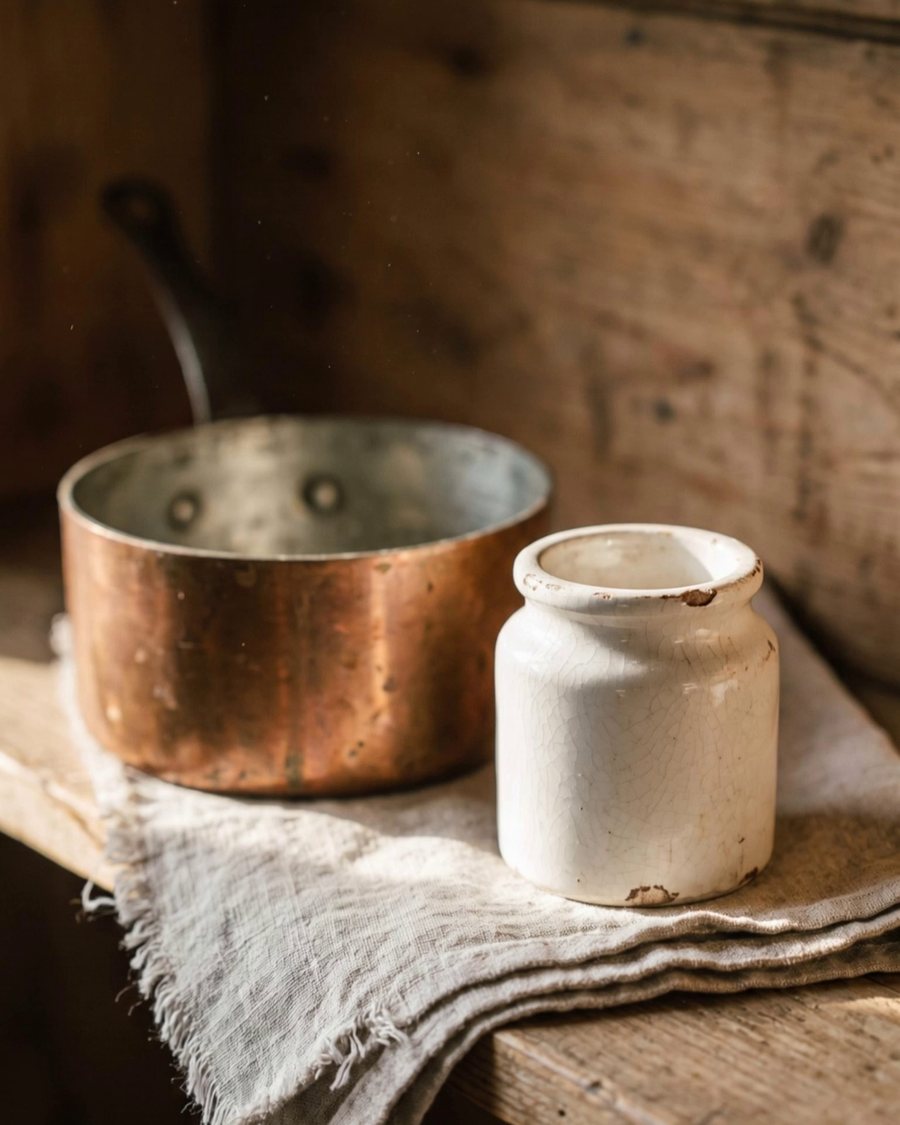 An old copper pot and a white jar on a worn wooden kitchen shelf