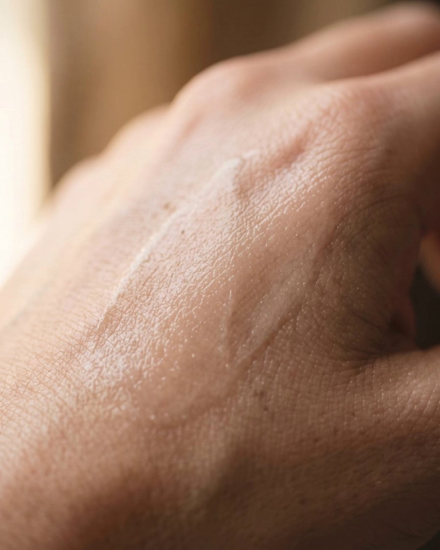 A trace of balm absorbing into the back of a hand, leaving a soft finish