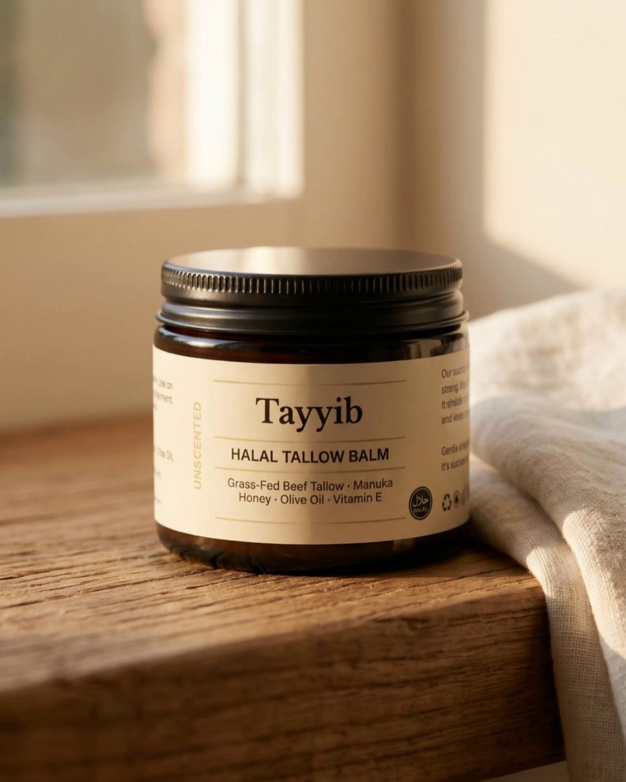 The Tayyib Halal Tallow Balm jar on a timber sill in warm light
