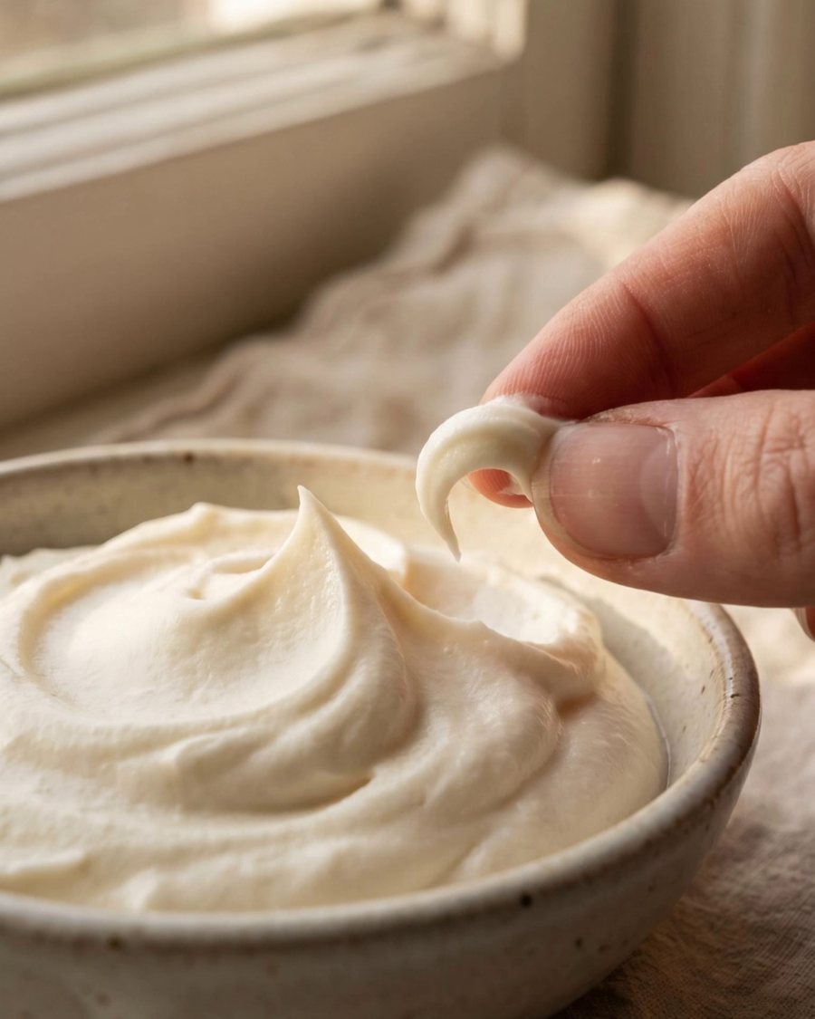 Whipped tallow balm in soft peaks, a fingertip lifting a curl