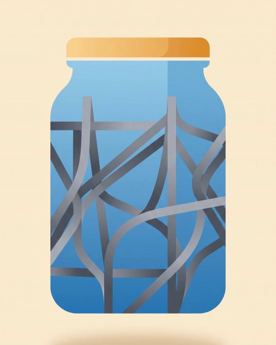 Illustration of emulsifier strands lattice-binding the water inside a jar
