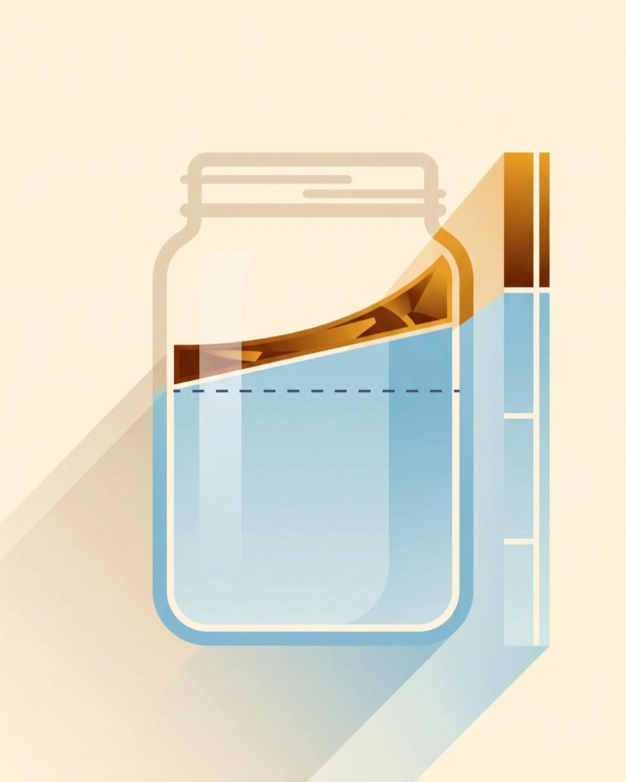 Illustration of a moisturizer jar filling with water, a dashed line marking how much of the jar is water