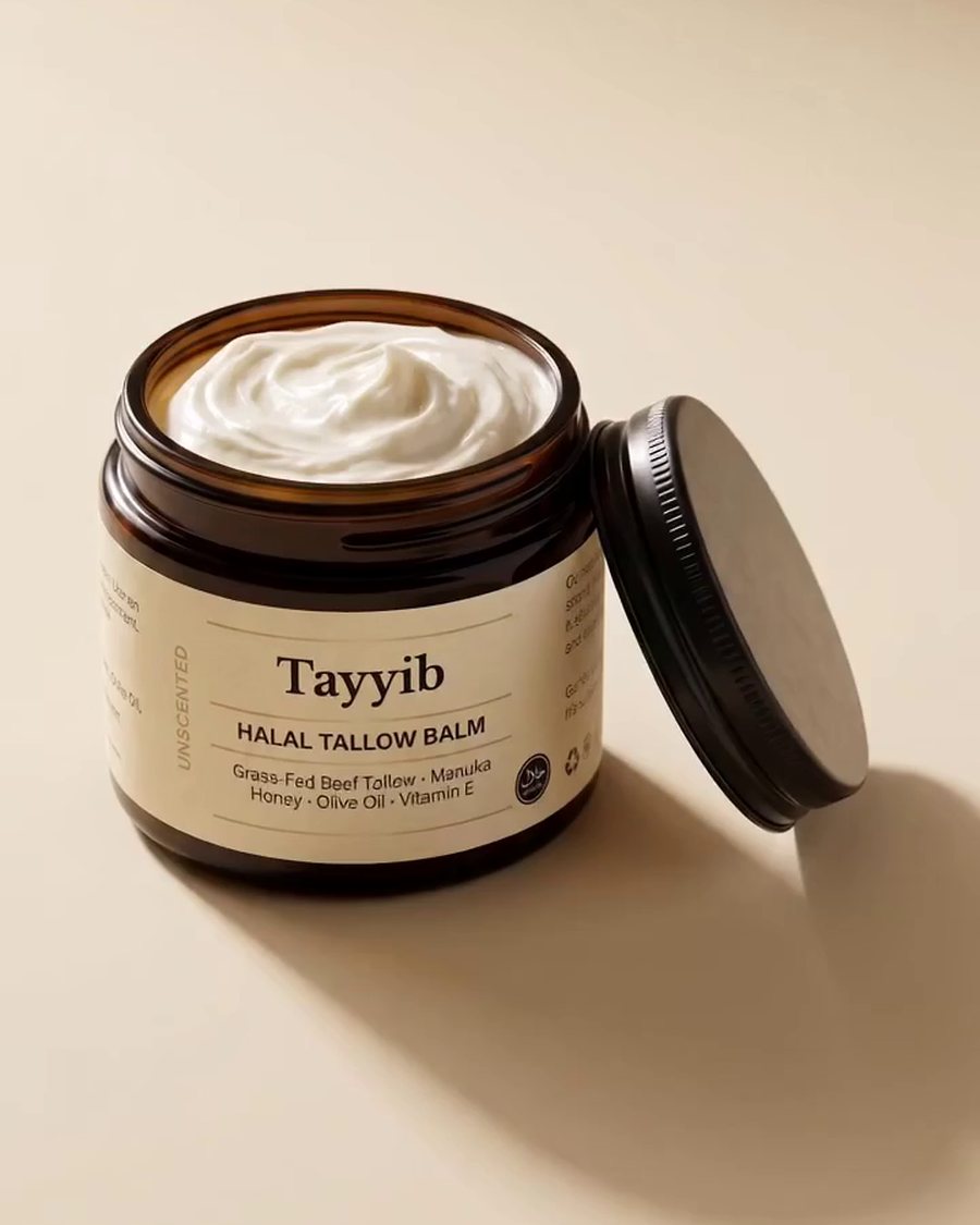 The open Tayyib Halal Tallow Balm jar showing the whipped balm inside