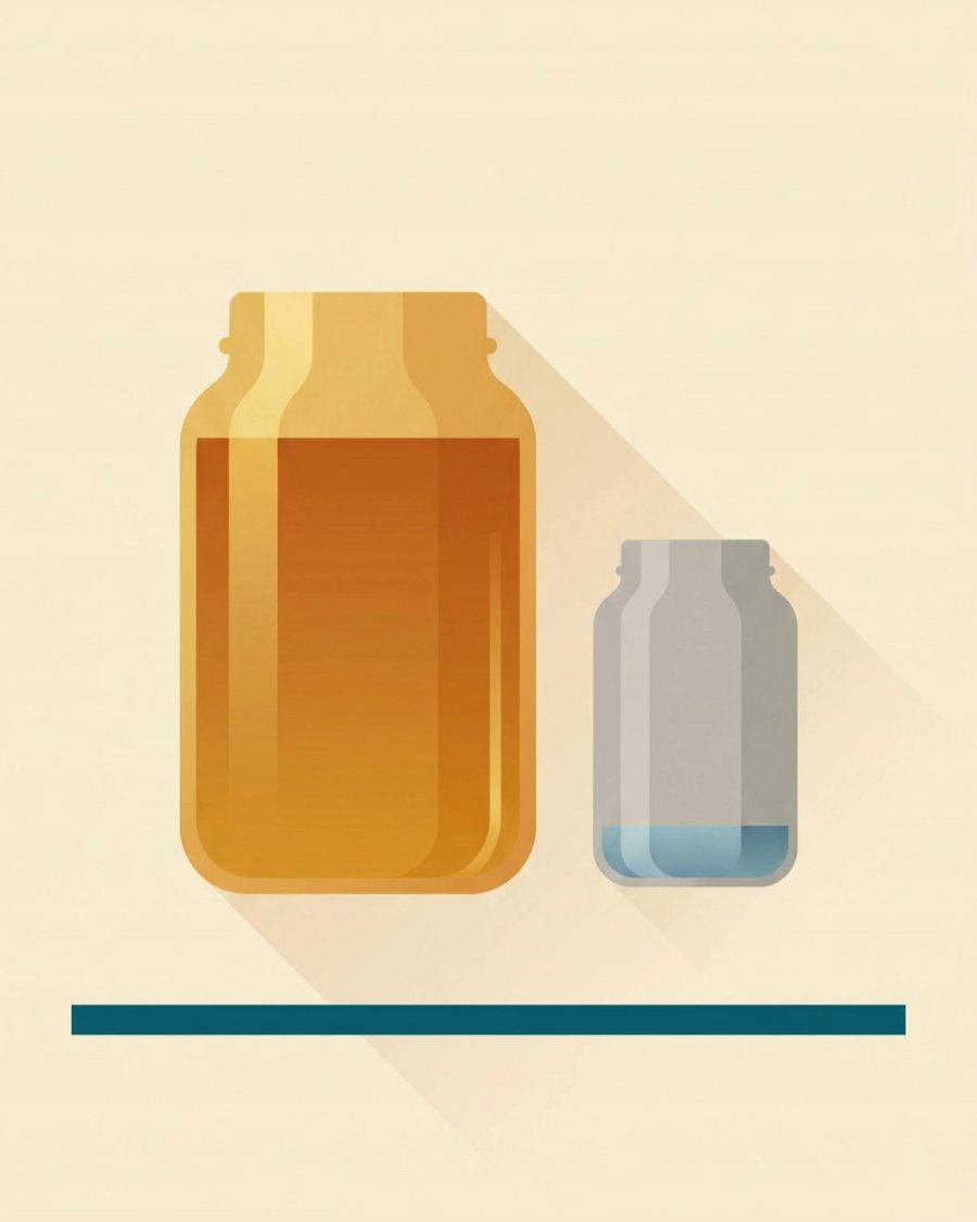 Illustration of the full amber Tayyib jar beside a small jar of water