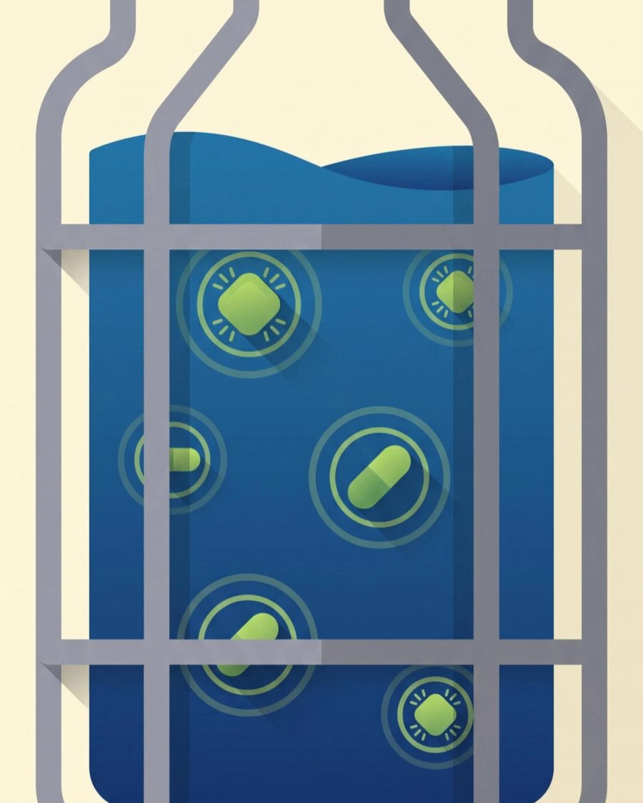 Illustration of preservative capsules caging the watery contents of a jar