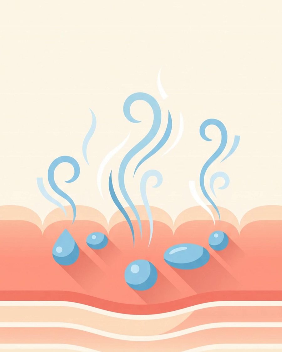 Illustration of water evaporating off the skin's surface as steam
